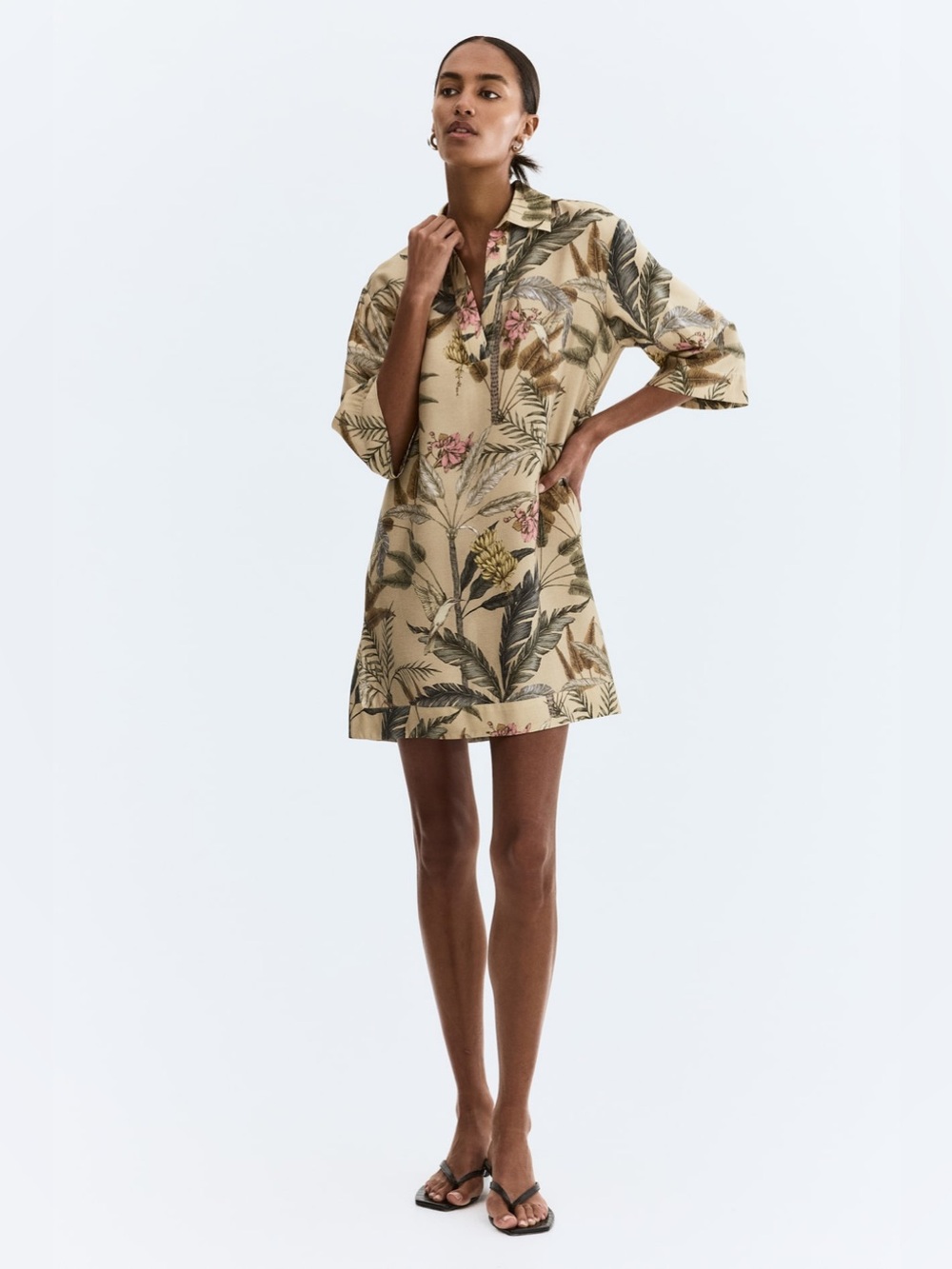 H&M Loose-Fit Tunic Dress in beige plant print NWT